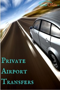 Car speeding down the highway with blue text reading "Private airport transfer"