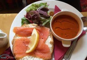 Soup, salad and salmon on a roll