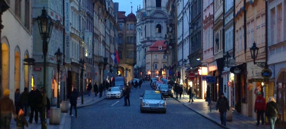 The street running off of the Charles Bridge on the Old Town side of Prague