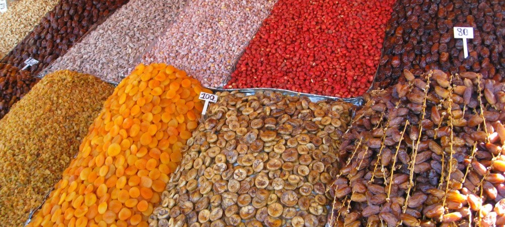 Marrakech dried fruit stall in Djemaa el-Fna